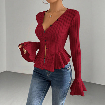 Dame tricot top avec design plissé raffiné et patte de boutonnage Chic und Stil
