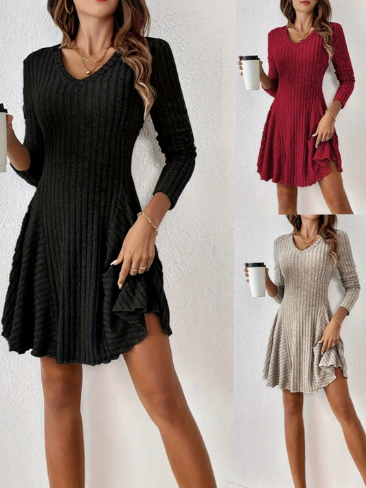 Dames Robe Mini Rippé Évasée Chic und Stil