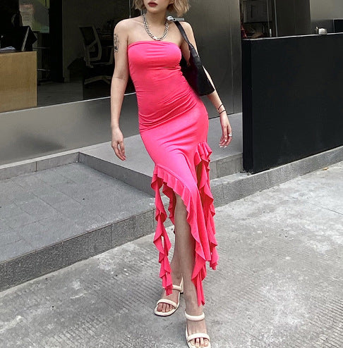 Femmes Élégante Robe Maxi Fendue avec Volants Chic und Stil