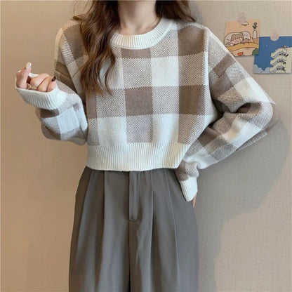 Pull cropped à motifs carreaux pour dames Chic und Stil