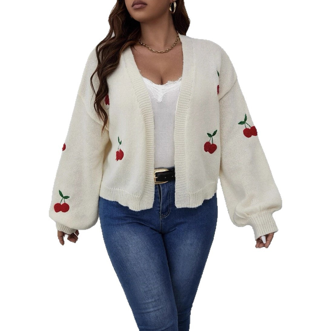Dames Grand Cardigan avec motif cerise ludique Chic und Stil