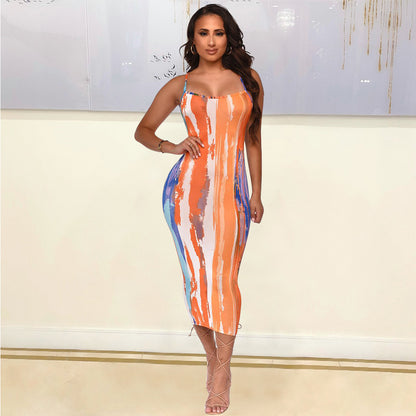Women's Chic and Elegant Abstract Pattern Fitted Midi Dress