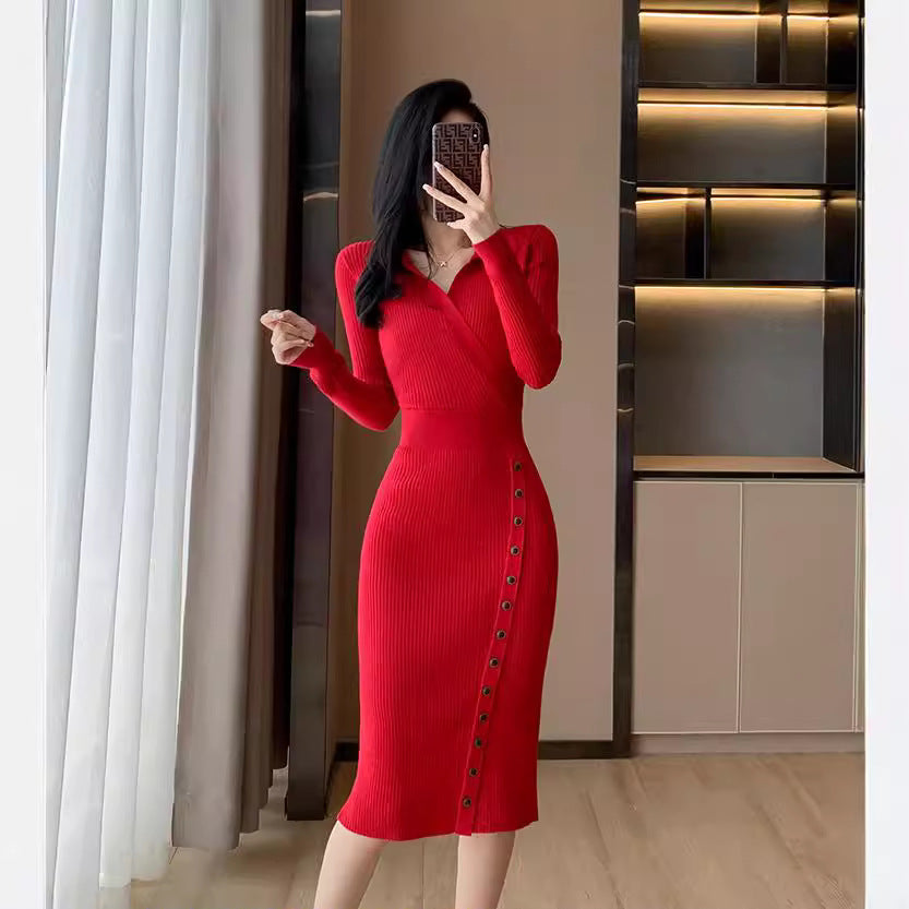Robe en tricot à manches longues pour femmes avec un élégant détail de bouton et une silhouette cintrée Chic und Stil