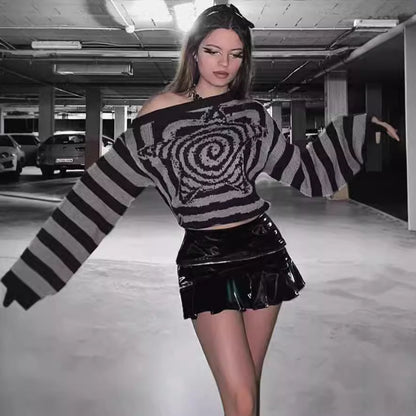 Pull oversized à la mode pour femmes avec un design créatif en spirale et un motif rayé Chic und Stil