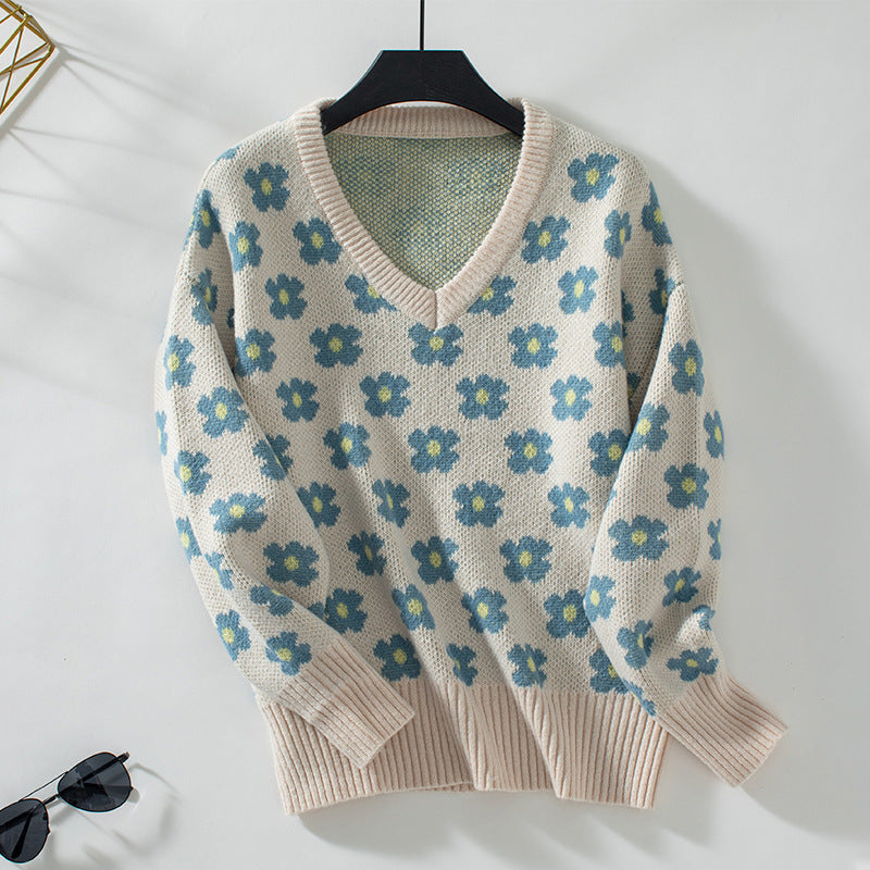 Pull en tricot pour femmes avec motif floral et décolleté en V Chic und Stil