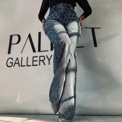 Dames élégantes jeans bootcut taille haute avec strass brillant Chic und Stil