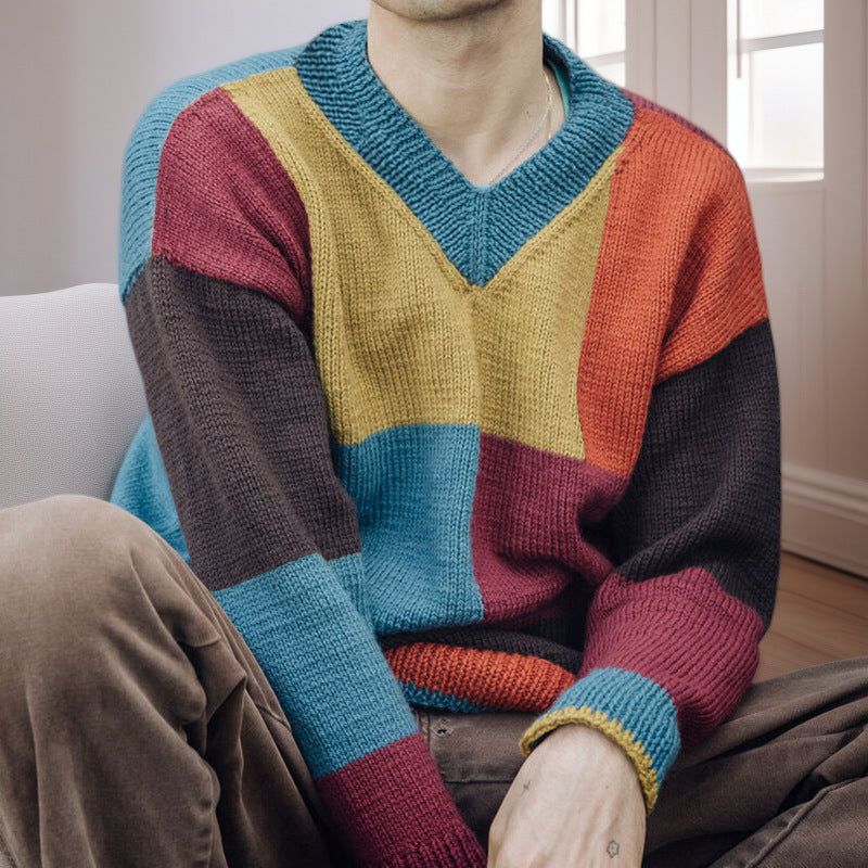 Pull en tricot à motifs pour hommes avec design à blocs de couleurs et décolleté en V moderne Chic und Stil