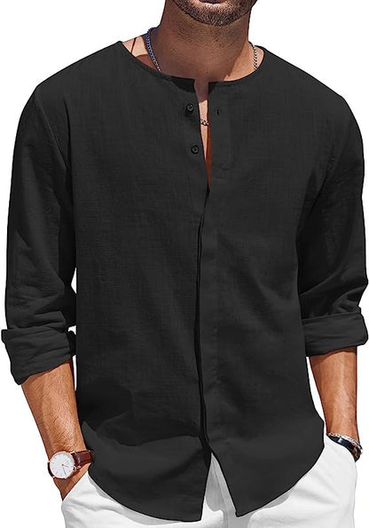 Chemise en lin pour hommes avec col montant décontracté et patte de boutonnage Chic und Stil