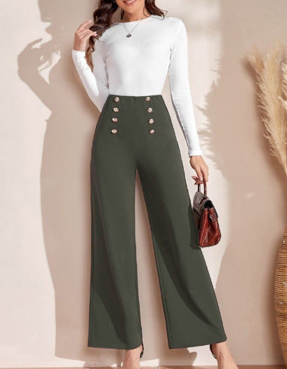 High-waisted wide-leg pants for women with decorative buttons Chic and Style