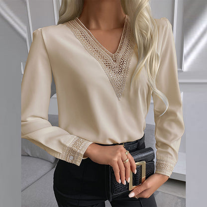 Dames Élégante Blouse à Col V avec Dentelle Décorative Chic und Stil