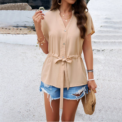 Women's Casual Blouse with Drawstring and Elegant Button Details Chic und Stil