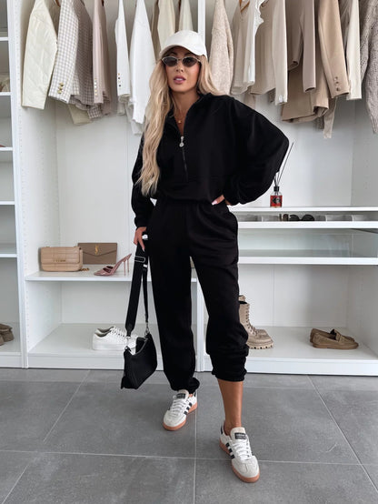Dames Ensemble décontracté confortable avec demi-fermeture éclair et taille élastique Chic und Stil