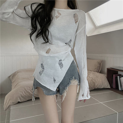 Pull en tricot stylé pour femmes avec des déchirures décontractées et un ourlet asymétrique Chic und Stil
