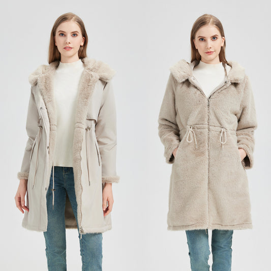 Dames élégant et chaud parka avec col en fausse fourrure amovible et détails de lacets pratiques Chic und Stil