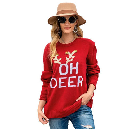 Pull en tricot pour dames avec motif de renne festif et boutons dorés Chic und Stil