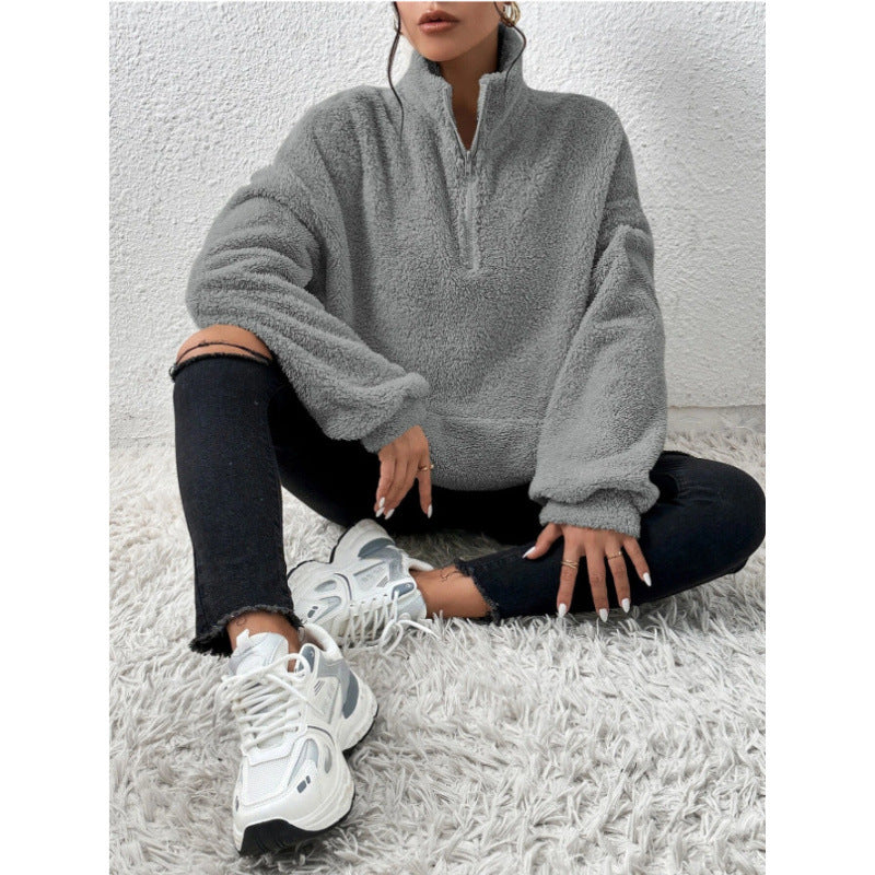 Dames Pull et Teddy Doux avec demi-zip et poche kangourou Chic und Stil