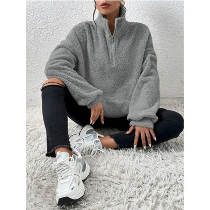 Dames Pull et Teddy Doux avec demi-zip et poche kangourou Chic und Stil