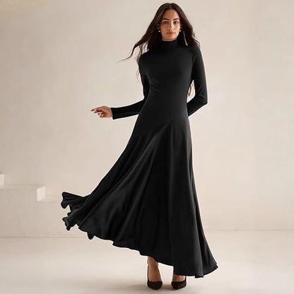 Dames Élégante Robe Maxi à Manches Longues avec Col Haut et Jupe Fluide Chic und Stil