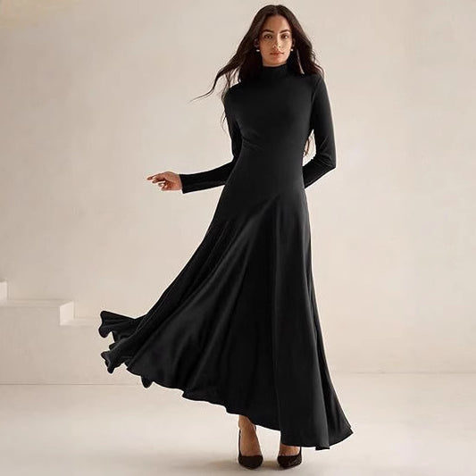 Dames Élégante Robe Maxi à Manches Longues avec Col Haut et Jupe Fluide Chic und Stil