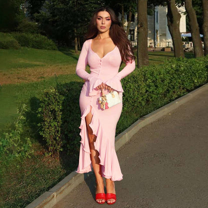Robes maxi élégantes pour femmes avec volants et boutonnière Chic und Stil