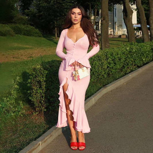 Robes maxi élégantes pour femmes avec volants et boutonnière Chic und Stil