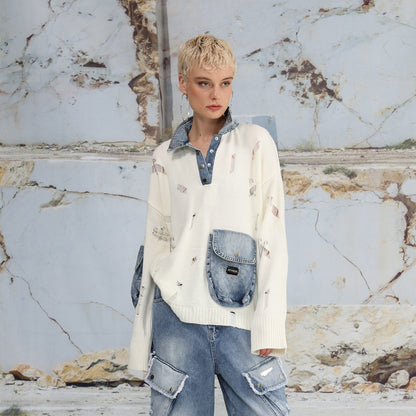 Dames Urban Oversized Pull avec Détails en Denim Chic und Stil