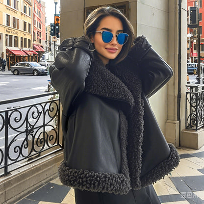 Oversized faux leather jacket for women with cozy lining Chic and Style