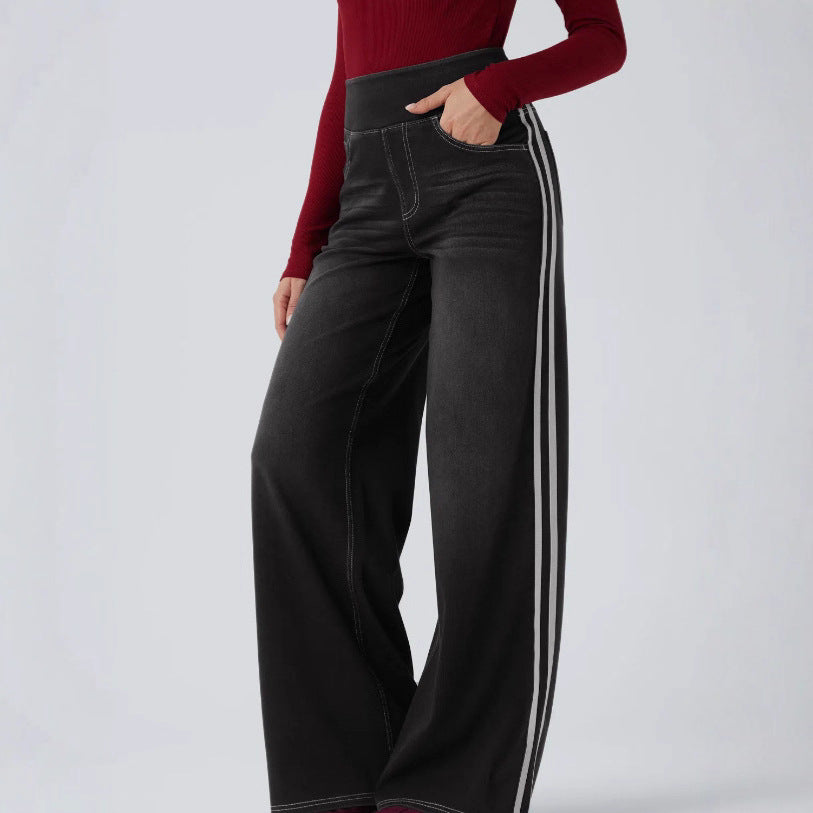 Wide denim pants for women with side stripe and high waist Chic and Style