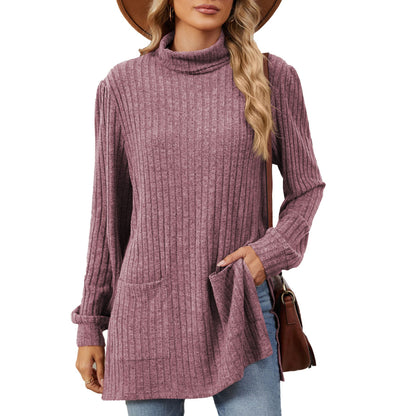 Dames élégant haut en maille structurée avec col montant et poches latérales Chic und Stil