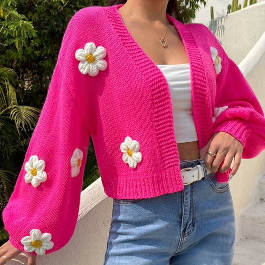 Cardigan court en tricot pour femmes avec un motif floral fantaisiste Chic und Stil
