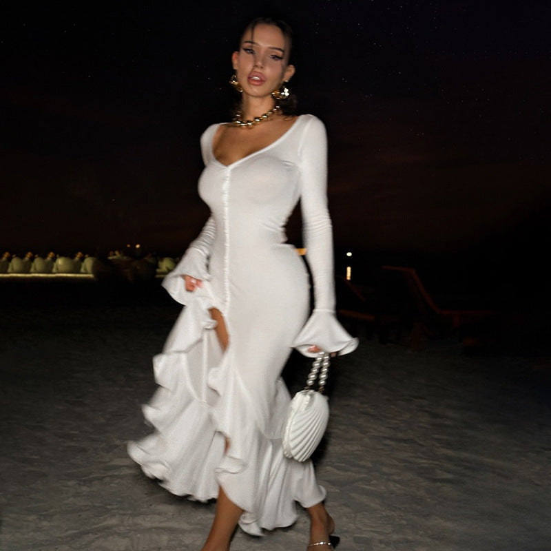 Robes maxi élégantes pour femmes avec volants et boutonnière Chic und Stil