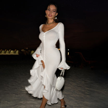 Robes maxi élégantes pour femmes avec volants et boutonnière Chic und Stil
