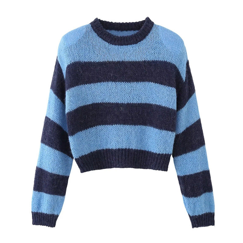 Pull en tricot court pour femmes avec motif rayé marin et col rond Chic und Stil