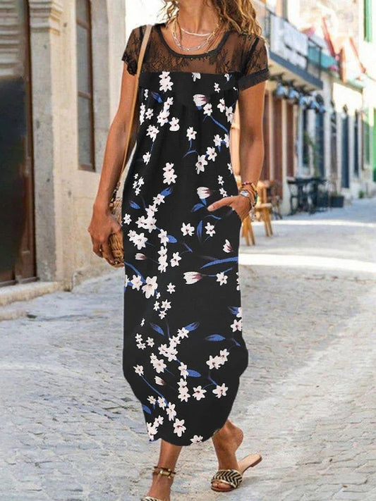 Robe maxi pour femmes avec haut en dentelle transparent et détails floraux Chic und Stil