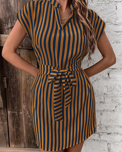 Women's Short Sleeve Shirt Dress with Tie Belt and Elegant Chic and Style Stripe