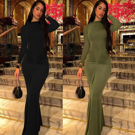Robe maxi élégante pour femmes avec fronces et manches longues Chic und Stil