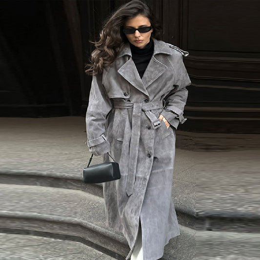 Dames élégant long trench coat en daim doux Chic und Stil
