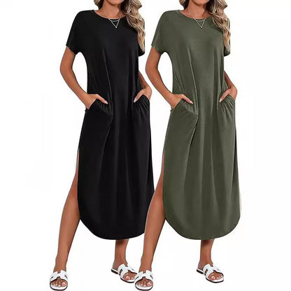Robe maxi décontractée pour femmes avec fente latérale et joli col rond Chic und Stil