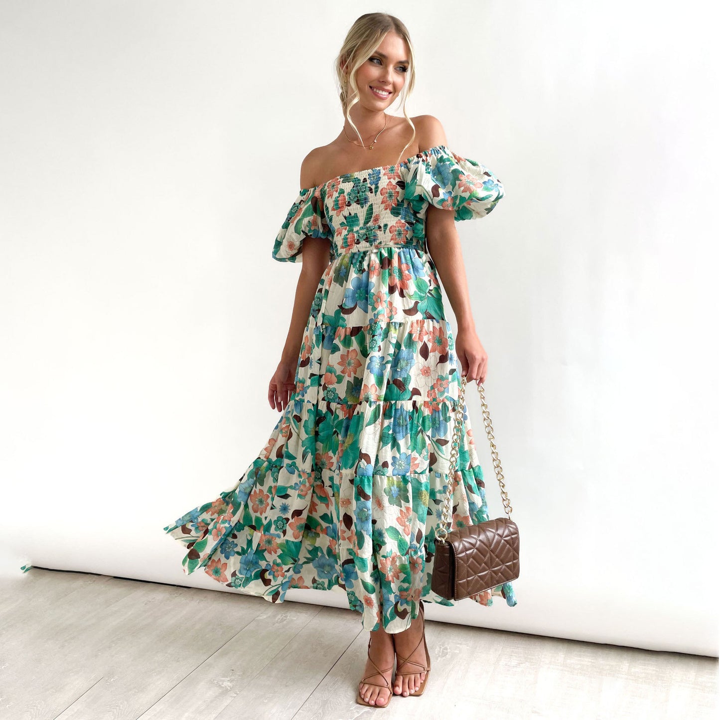 Dames Floral Puff Manche Midi Robe Chic und Stil