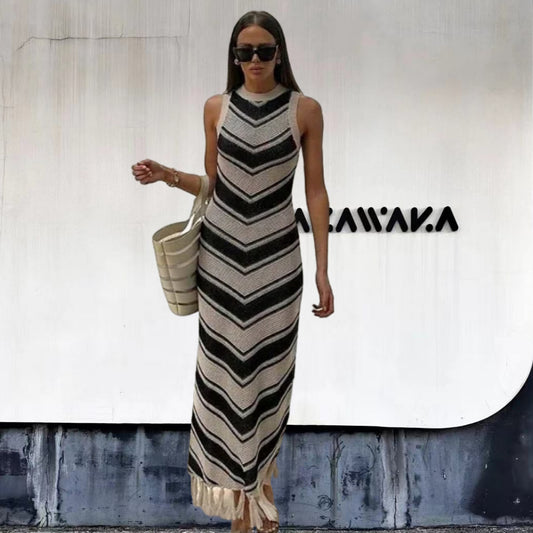 Robe maxi femme avec motif chevron et détails frangés Chic und Stil