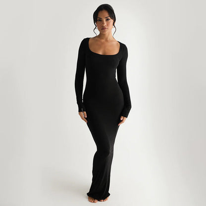 Dames Élégante robe longue avec décolleté en U profond et manches longues Chic und Stil