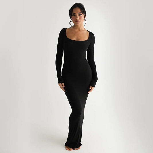 Dames Élégante robe longue avec décolleté en U profond et manches longues Chic und Stil