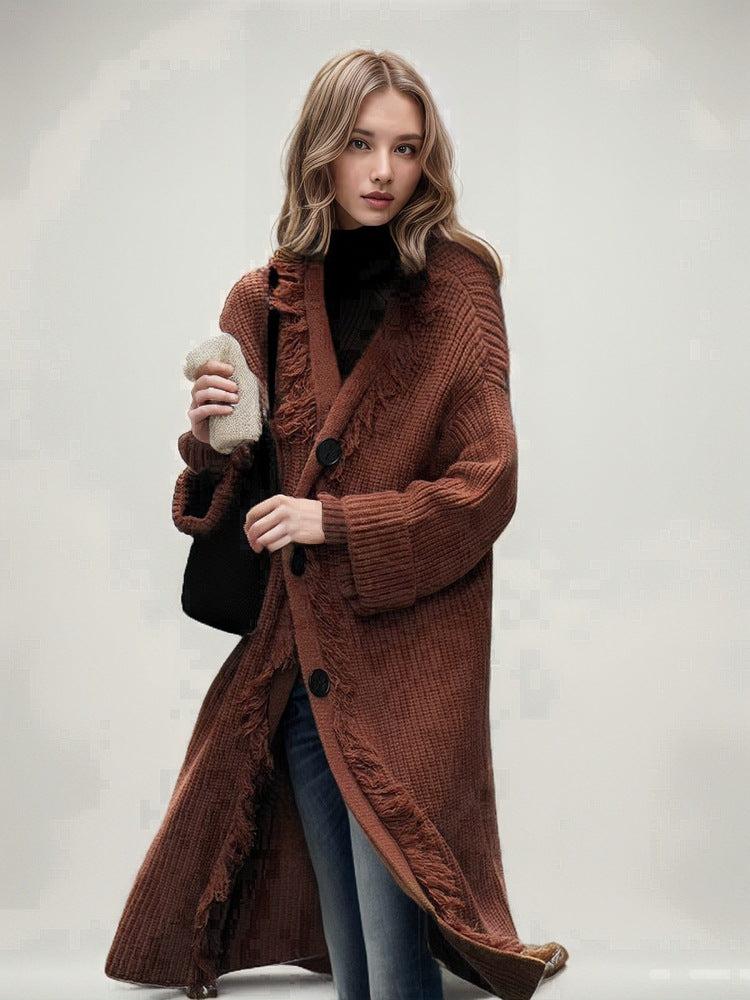 Dames gros cardigan en tricot avec des détails frangés et une coupe ouverte Chic und Stil