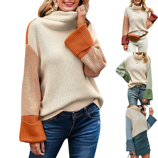 Pull en grosse maille pour femmes avec col haut et manches contrastantes Chic und Stil