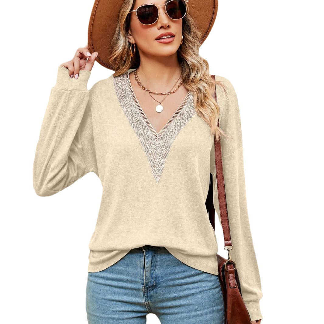 Pull femme à encolure en V avec accents en dentelle et coupe décontractée Chic und Stil