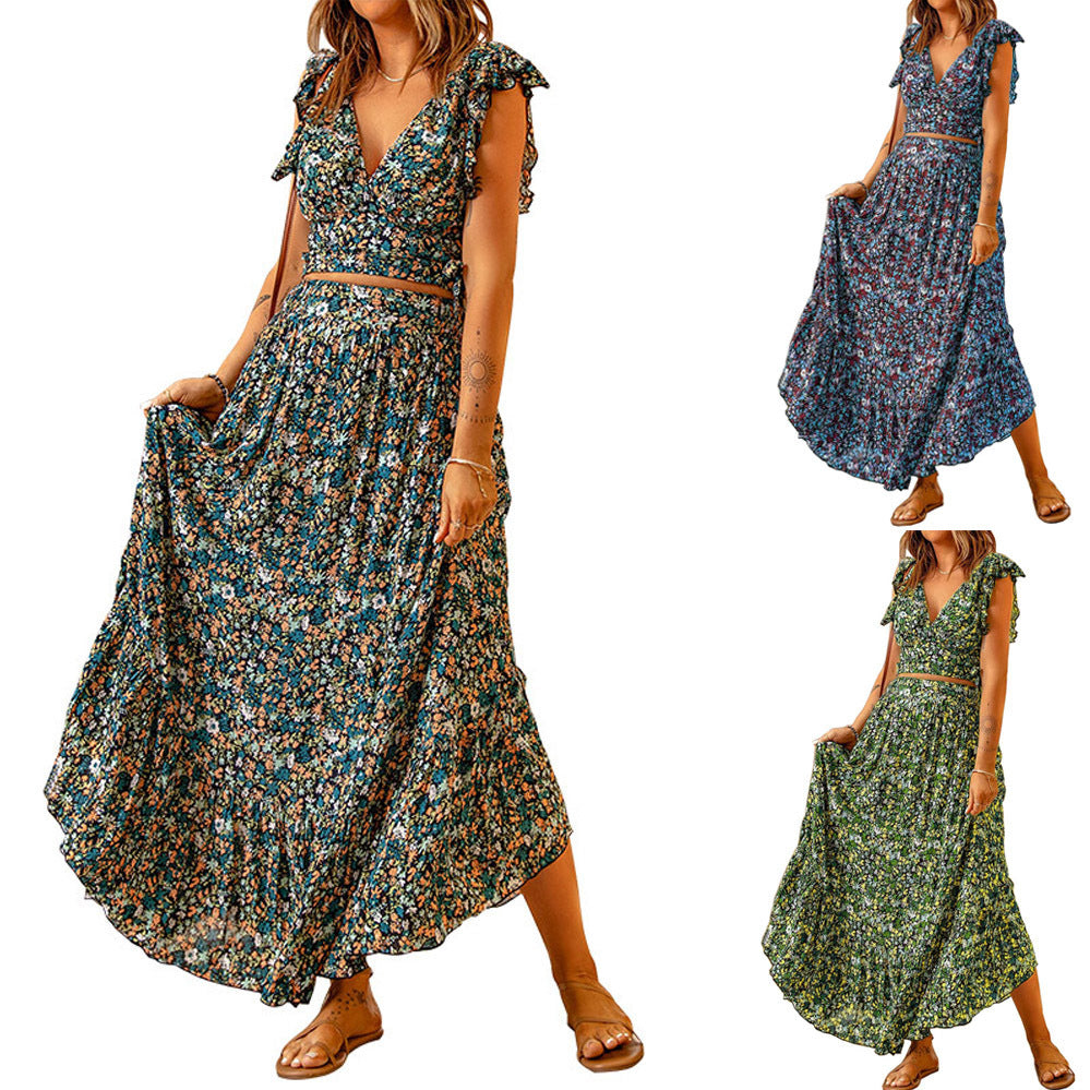 Women's Floral Pattern Maxi Dress with Voluminous Skirt and Narrow Belt Chic und Stil