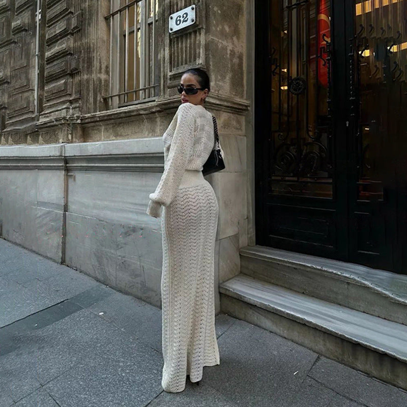 Robe maxi élégante en crochet pour femmes avec décolleté en V profond et design côtelé Chic und Stil