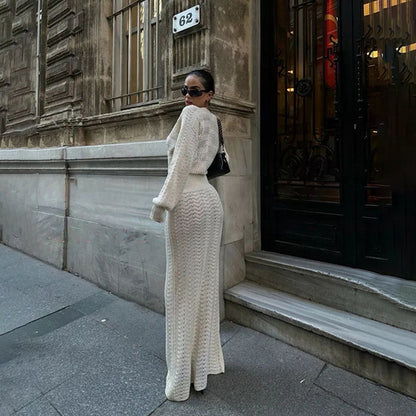 Robe maxi élégante en crochet pour femmes avec décolleté en V profond et design côtelé Chic und Stil