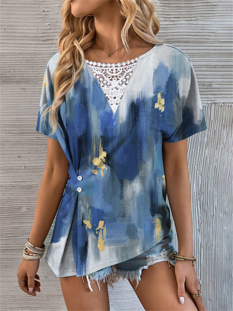 Blouse à manches courtes pour femmes avec décolleté en V et impression créative Chic und Stil