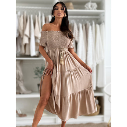 Robe maxi à épaules dénudées pour femme avec nœud à la taille Chic und Stil